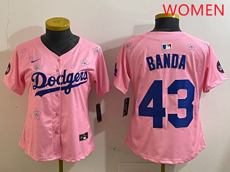 Women Los Angeles Dodgers #43 Banda Pink White Blue Sakura Edition 2025 Nike MLB Jersey style 1